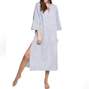 PETITE PLUME french ticking stripe cotton caftan dress relaxed white blue size L